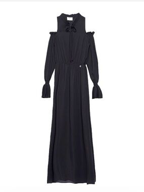 Women's Black Cold-Shoulder Maxi Dress with Tie Neck